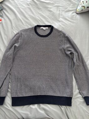 Amazon Essentials Men's Navy and Light Gray Striped Crewneck Sweater